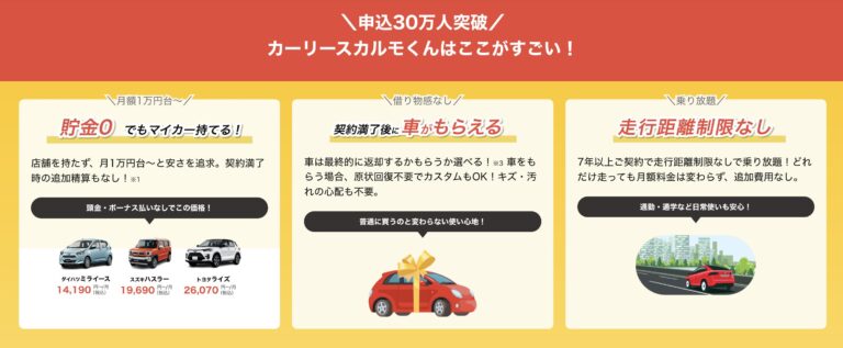 頭金・ボーナス払い0円、月額1万円台から新車に乗れるカルモくん