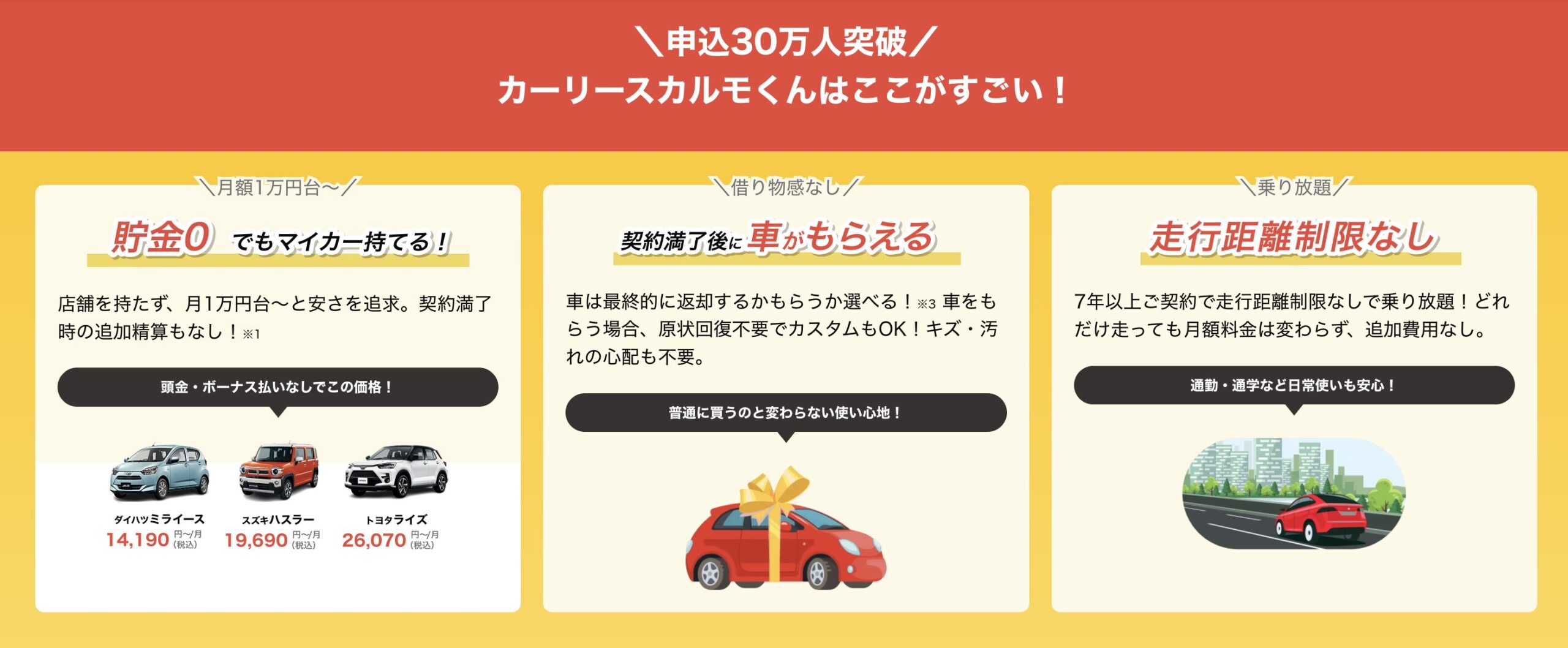 頭金・ボーナス払い0円、月額1万円台から新車に乗れるカルモくん